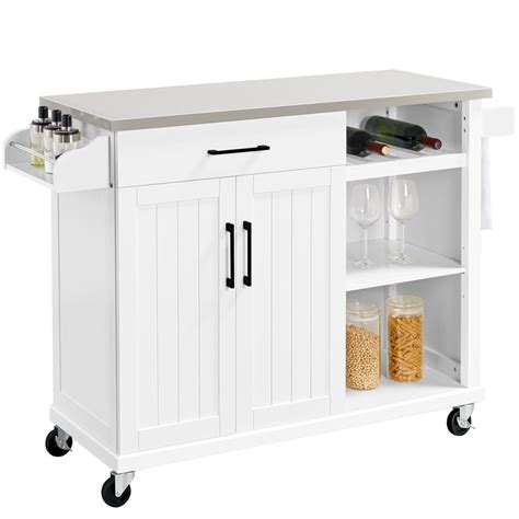 caster island with stainless steel top white cabinet|Yaheetech Kitchen Island Cart with Stainless Steel .